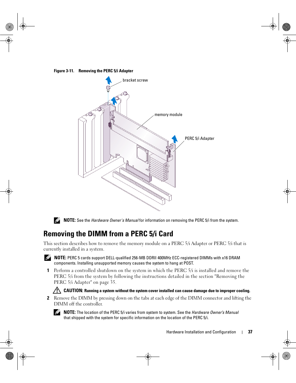 Removing the dimm from a perc 5/i card | Dell PowerEdge RAID Controller 5i User Manual | Page 39 / 112