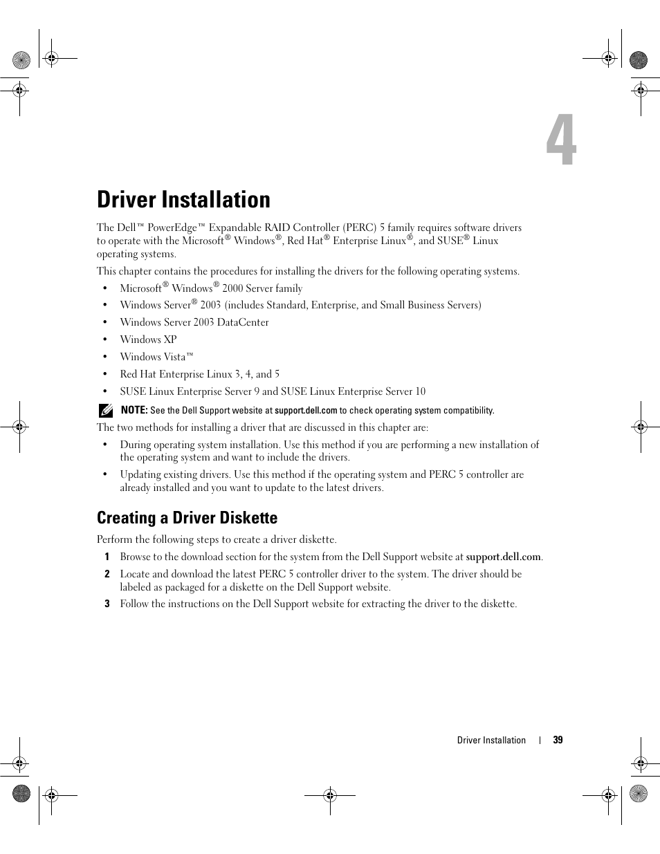 Driver installation, Creating a driver diskette | Dell PowerEdge RAID Controller 5i User Manual | Page 41 / 112