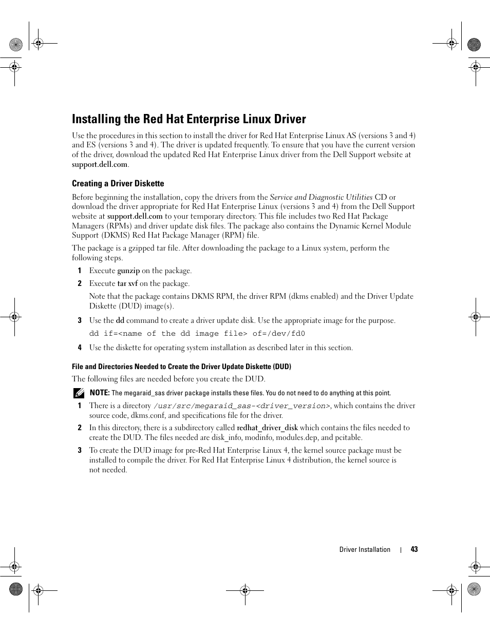 Installing the red hat enterprise linux driver, Creating a driver diskette | Dell PowerEdge RAID Controller 5i User Manual | Page 45 / 112