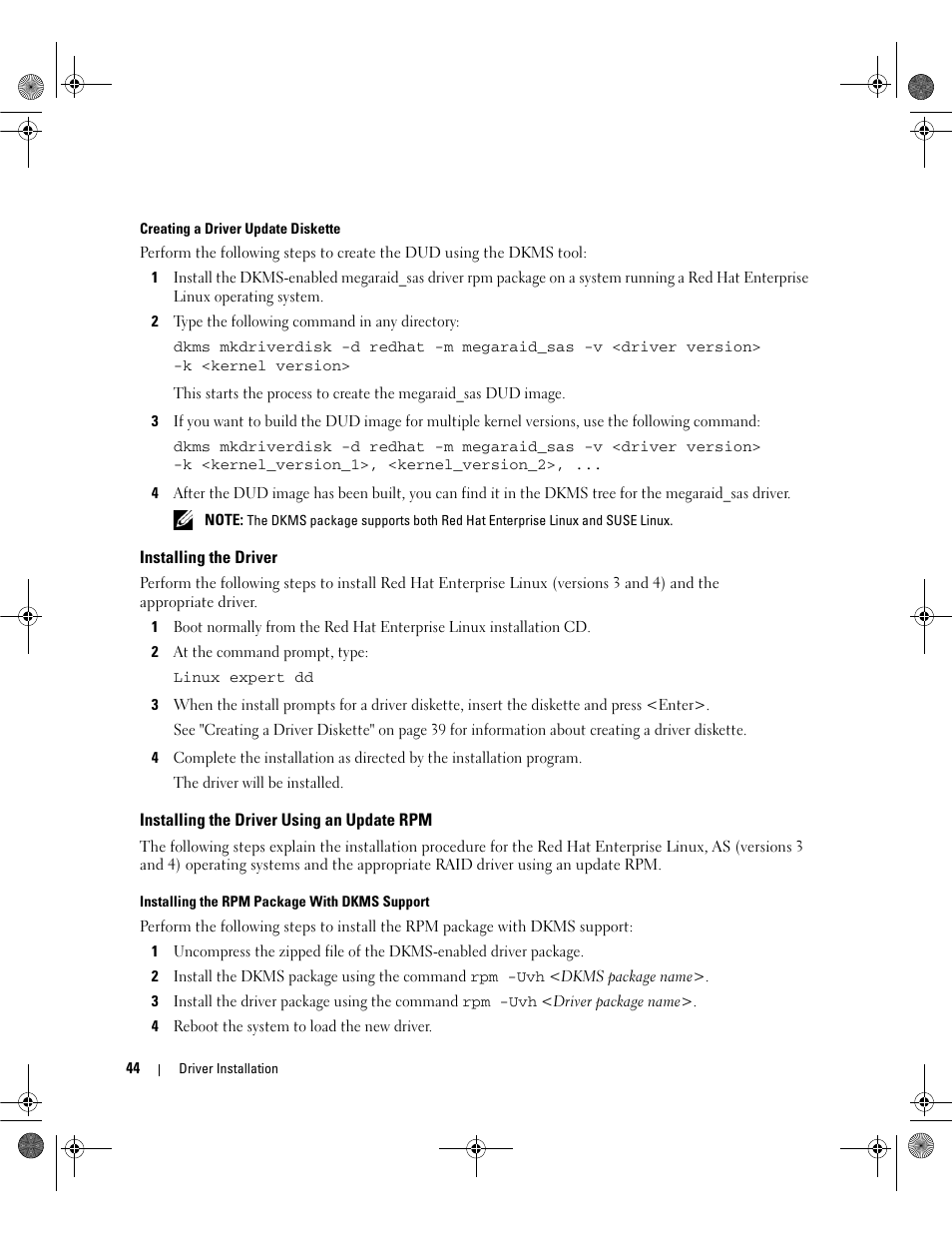 Installing the driver, Installing the driver using an update rpm | Dell PowerEdge RAID Controller 5i User Manual | Page 46 / 112
