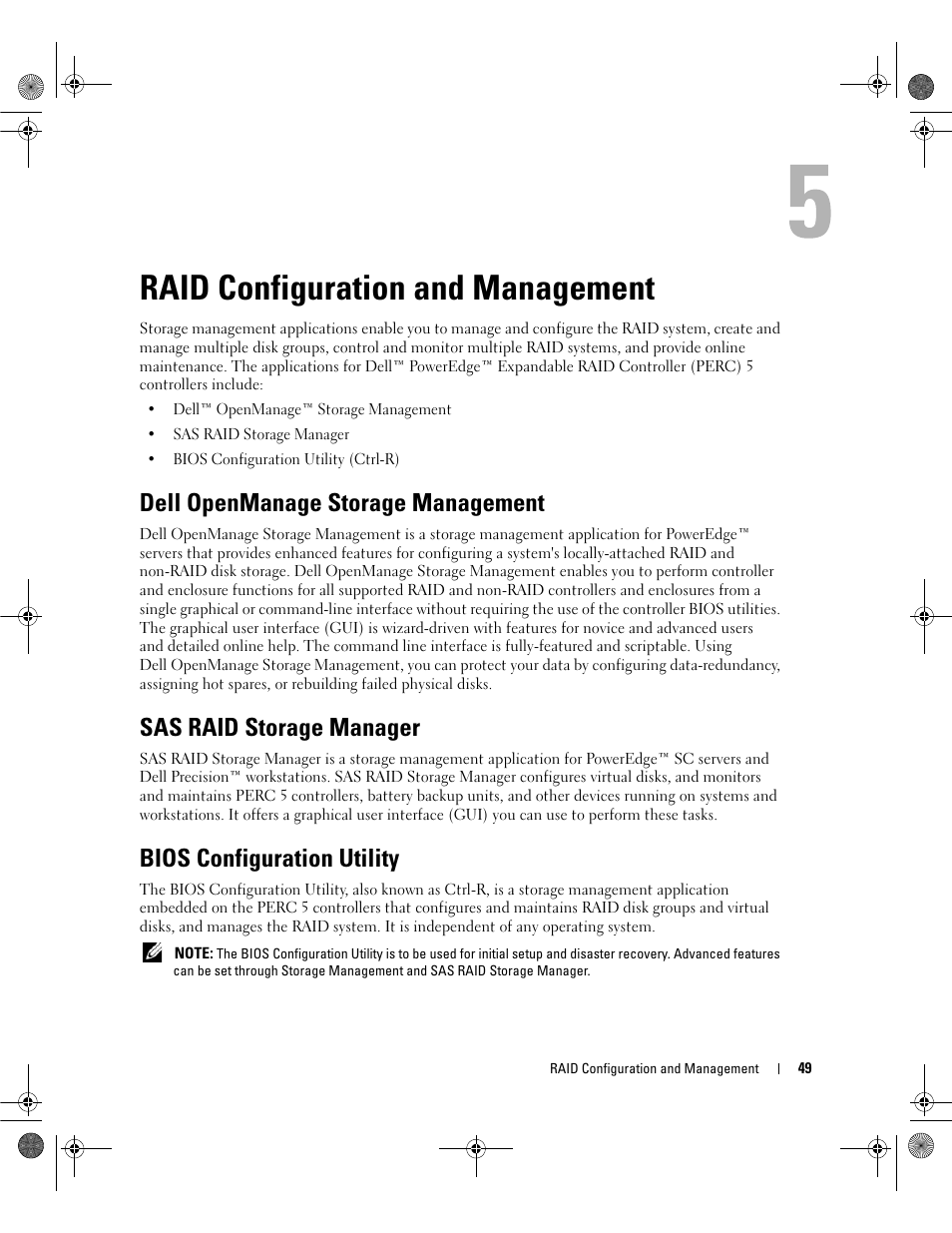 Raid configuration and management, Dell openmanage storage management, Sas raid storage manager | Bios configuration utility | Dell PowerEdge RAID Controller 5i User Manual | Page 51 / 112