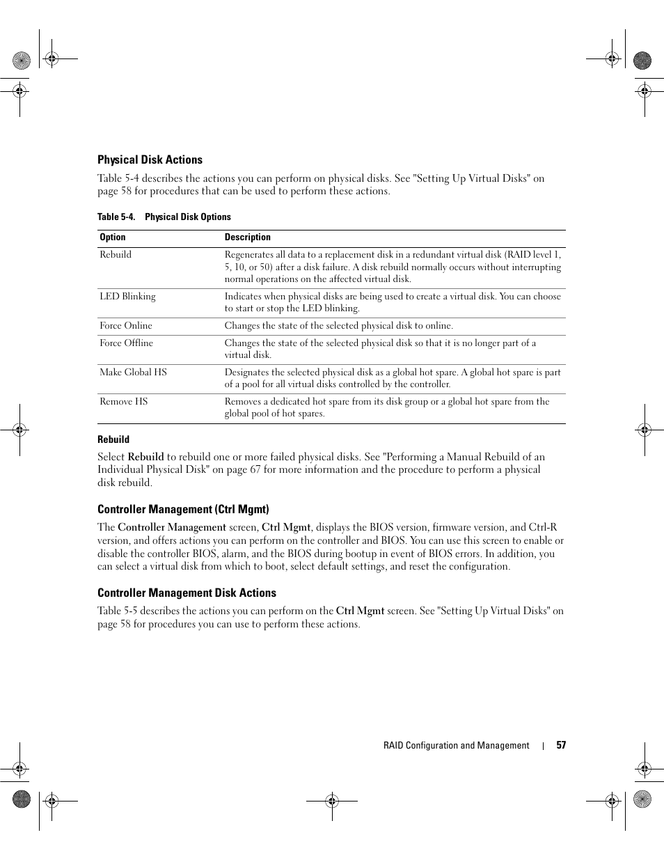 Physical disk actions, Controller management (ctrl mgmt), Controller management disk actions | Dell PowerEdge RAID Controller 5i User Manual | Page 59 / 112
