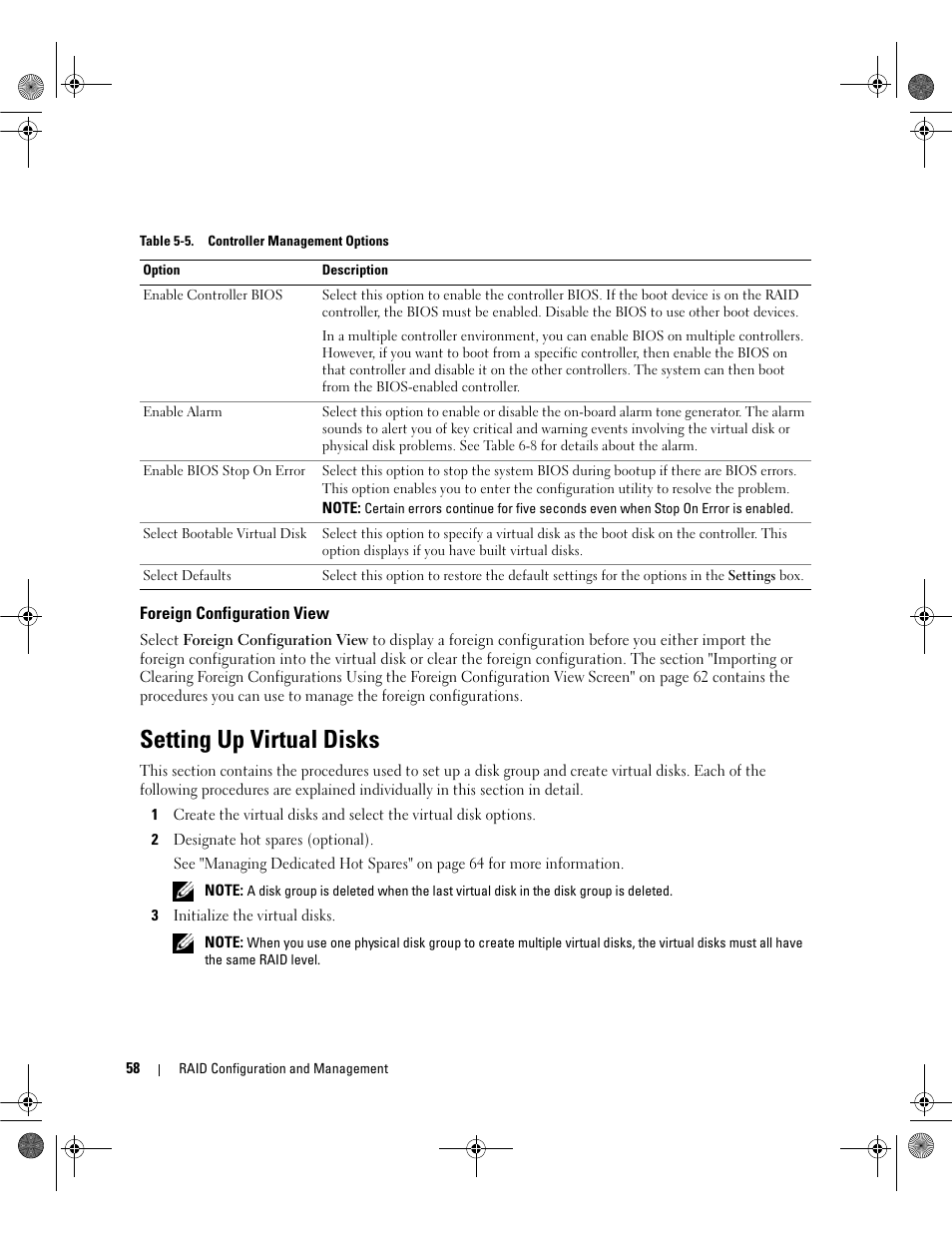 Foreign configuration view, Setting up virtual disks, Table 5-5 describes the actions | Dell PowerEdge RAID Controller 5i User Manual | Page 60 / 112