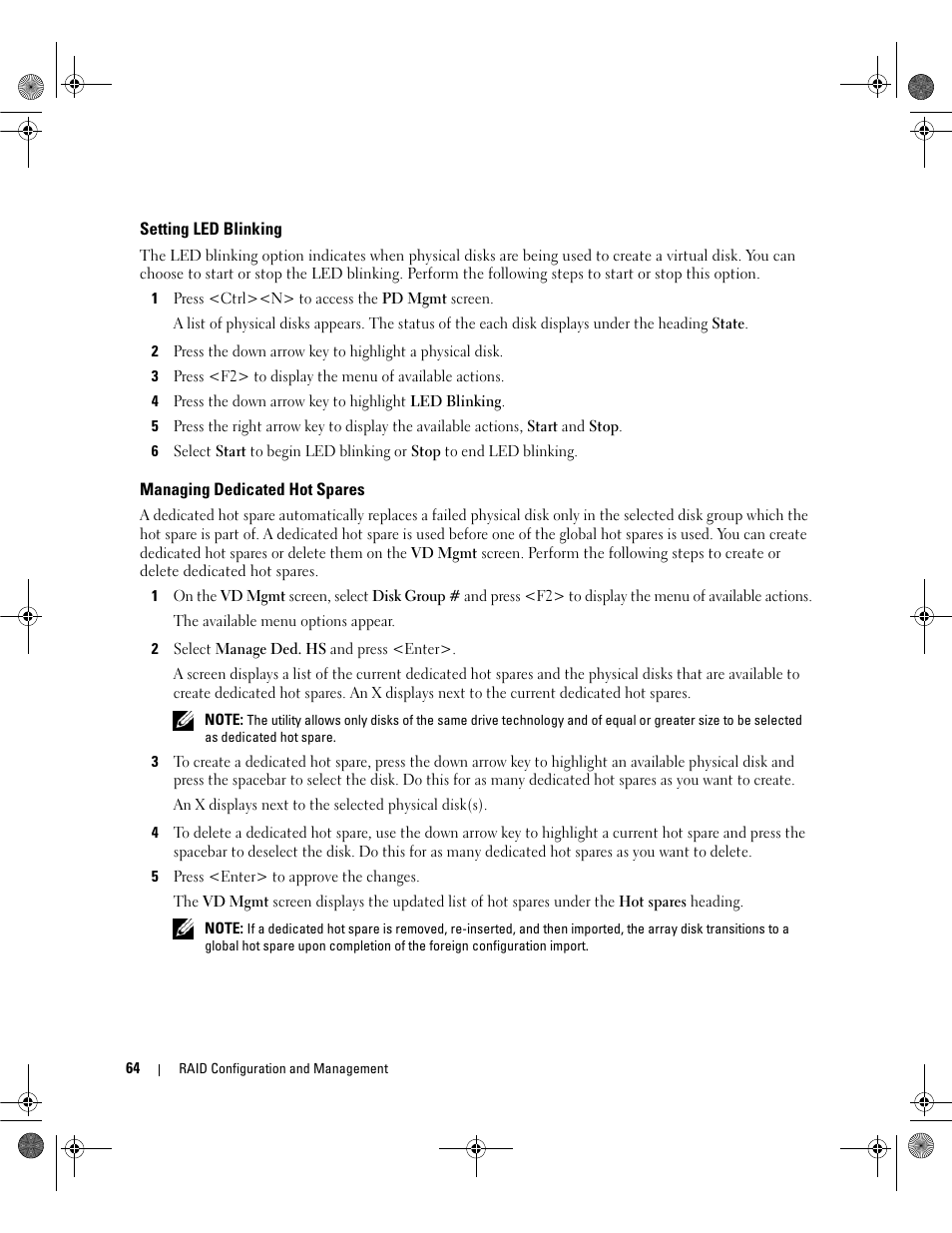 Setting led blinking, Managing dedicated hot spares | Dell PowerEdge RAID Controller 5i User Manual | Page 66 / 112