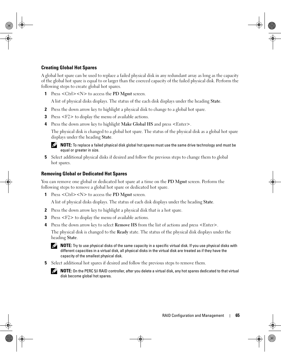 Creating global hot spares, Removing global or dedicated hot spares | Dell PowerEdge RAID Controller 5i User Manual | Page 67 / 112