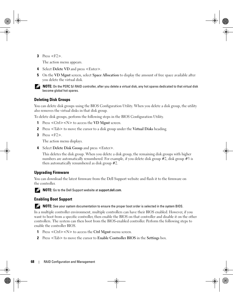 Deleting disk groups, Upgrading firmware, Enabling boot support | Dell PowerEdge RAID Controller 5i User Manual | Page 70 / 112