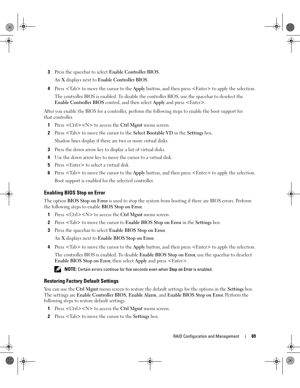 Enabling bios stop on error, Restoring factory default settings | Dell PowerEdge RAID Controller 5i User Manual | Page 71 / 112