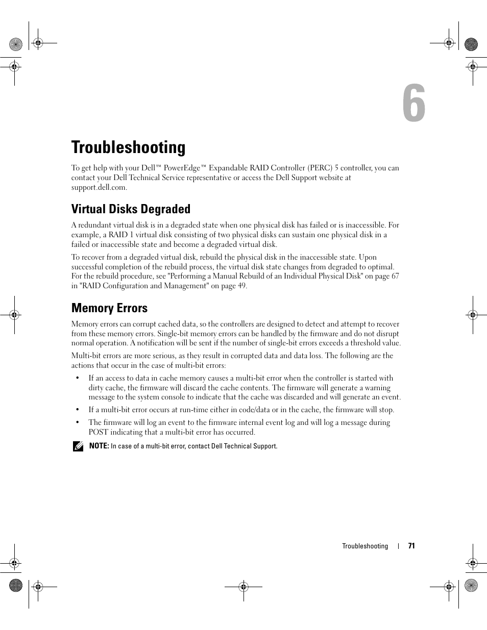Troubleshooting, Virtual disks degraded, Memory errors | Dell PowerEdge RAID Controller 5i User Manual | Page 73 / 112