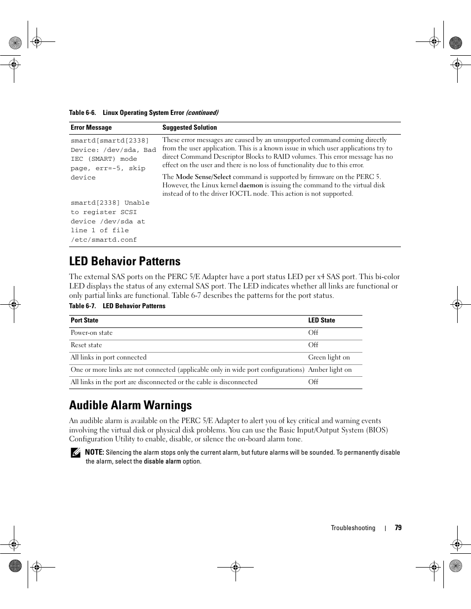 Led behavior patterns, Audible alarm warnings | Dell PowerEdge RAID Controller 5i User Manual | Page 81 / 112