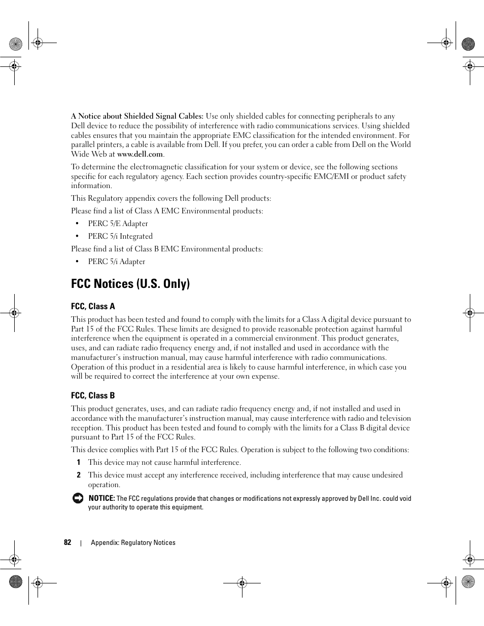 Fcc notices (u.s. only), Fcc, class a, Fcc, class b | Dell PowerEdge RAID Controller 5i User Manual | Page 84 / 112