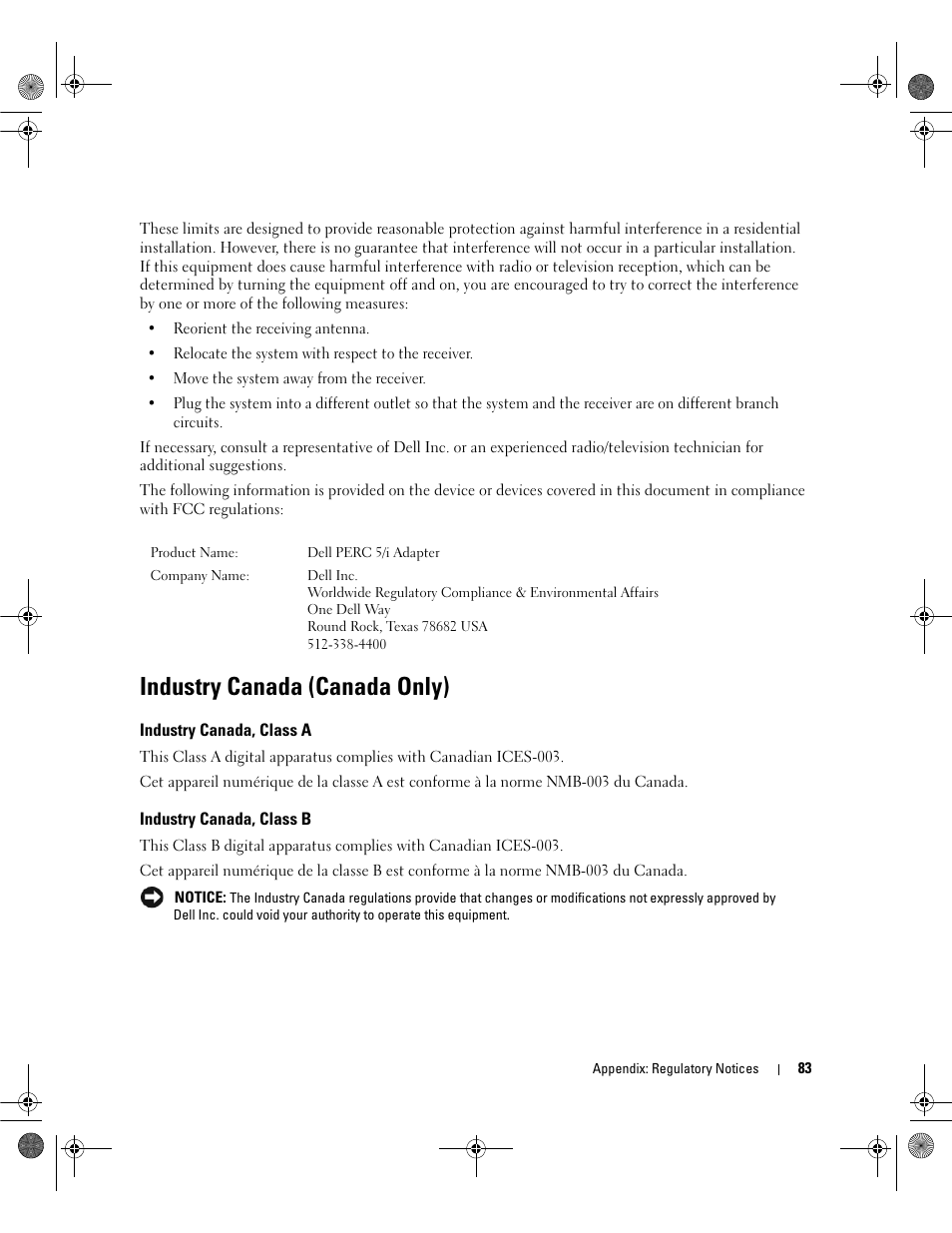 Industry canada (canada only), Industry canada, class a, Industry canada, class b | Dell PowerEdge RAID Controller 5i User Manual | Page 85 / 112