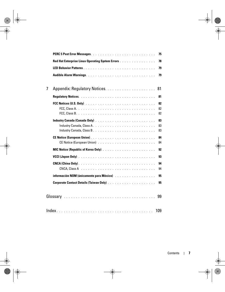 7appendix: regulatory notices, Glossary, 99 index | Dell PowerEdge RAID Controller 5i User Manual | Page 9 / 112