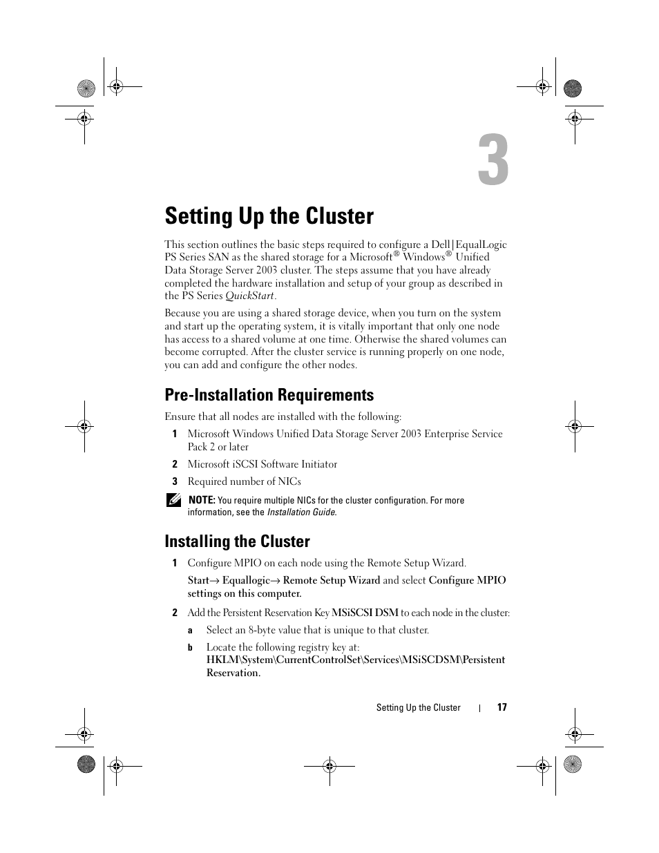 Setting up the cluster, Pre-installation requirements, Installing the cluster | Dell PowerVault NX1950 User Manual | Page 17 / 60