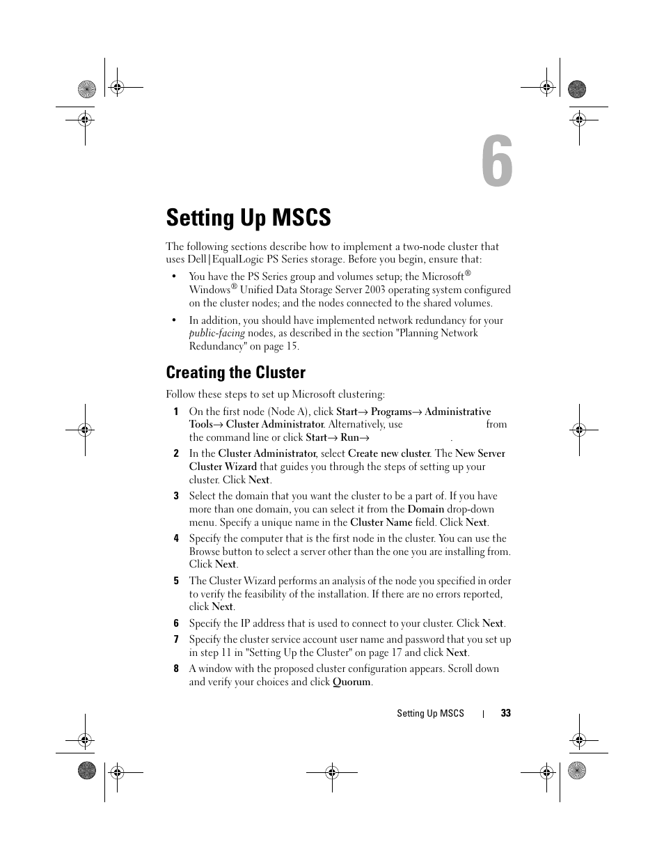 Setting up mscs, Creating the cluster | Dell PowerVault NX1950 User Manual | Page 33 / 60