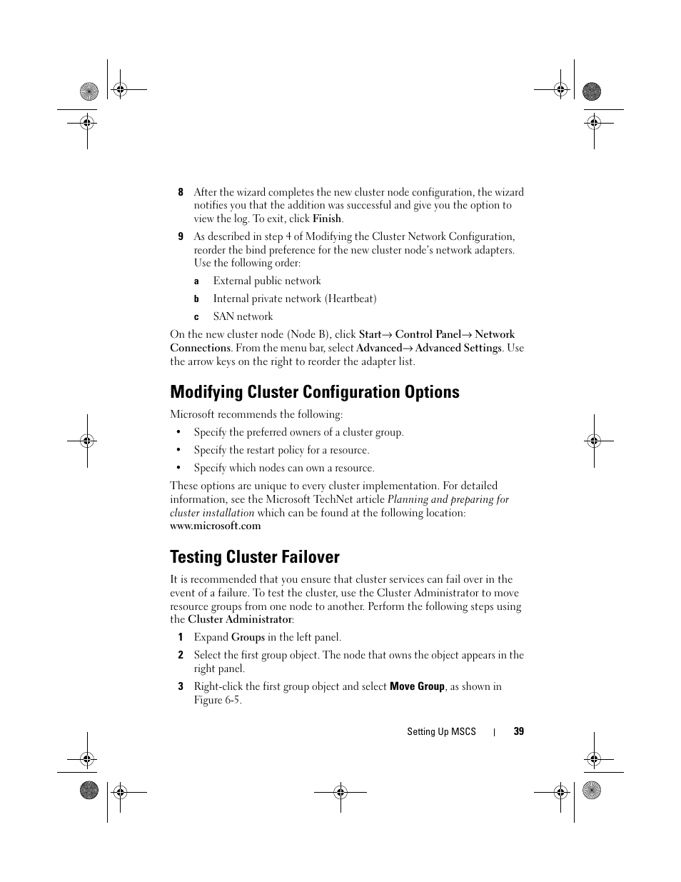 Modifying cluster configuration options, Testing cluster failover | Dell PowerVault NX1950 User Manual | Page 39 / 60
