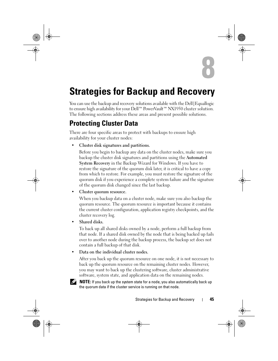 Strategies for backup and recovery, Protecting cluster data | Dell PowerVault NX1950 User Manual | Page 45 / 60