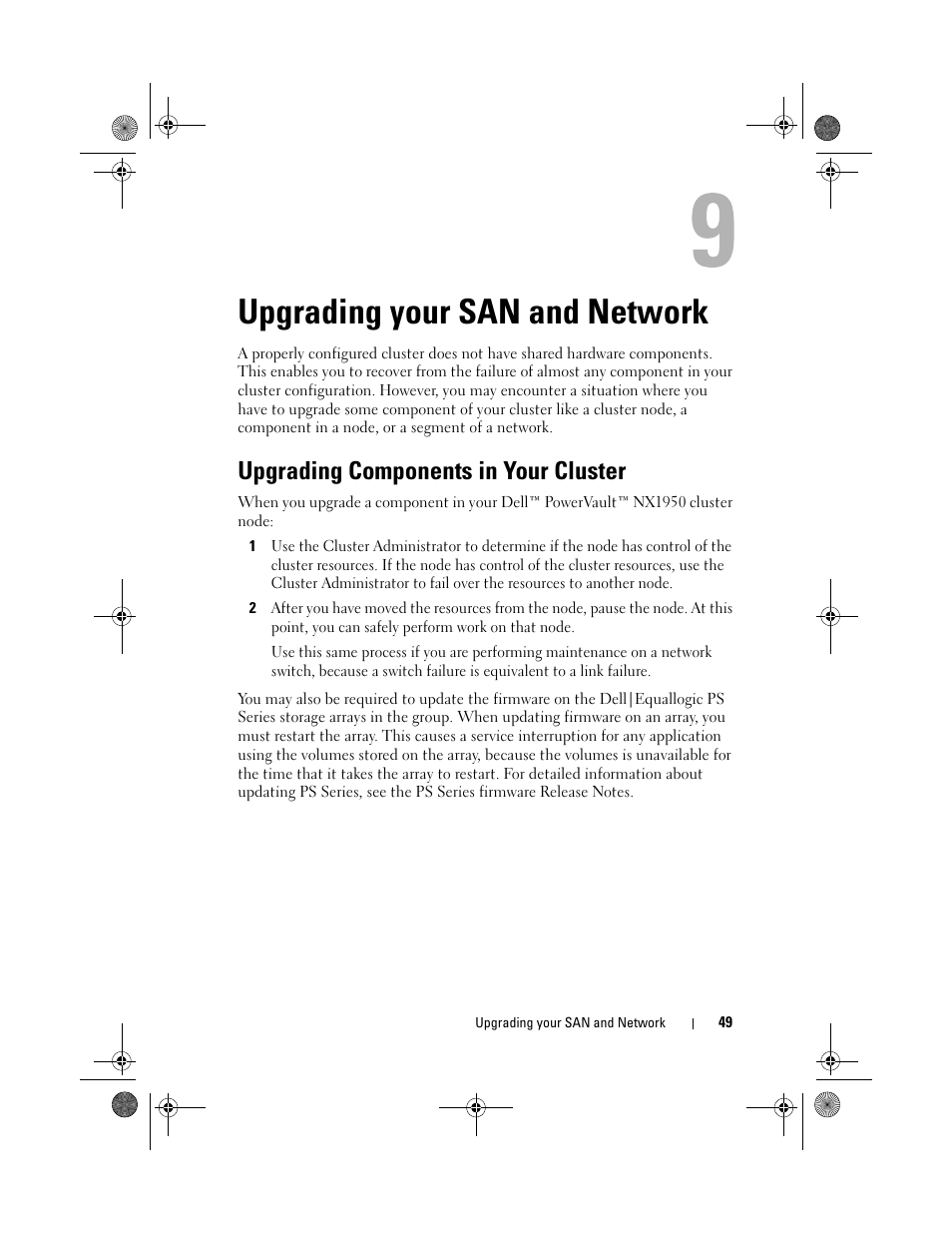 Upgrading your san and network, Upgrading components in your cluster | Dell PowerVault NX1950 User Manual | Page 49 / 60