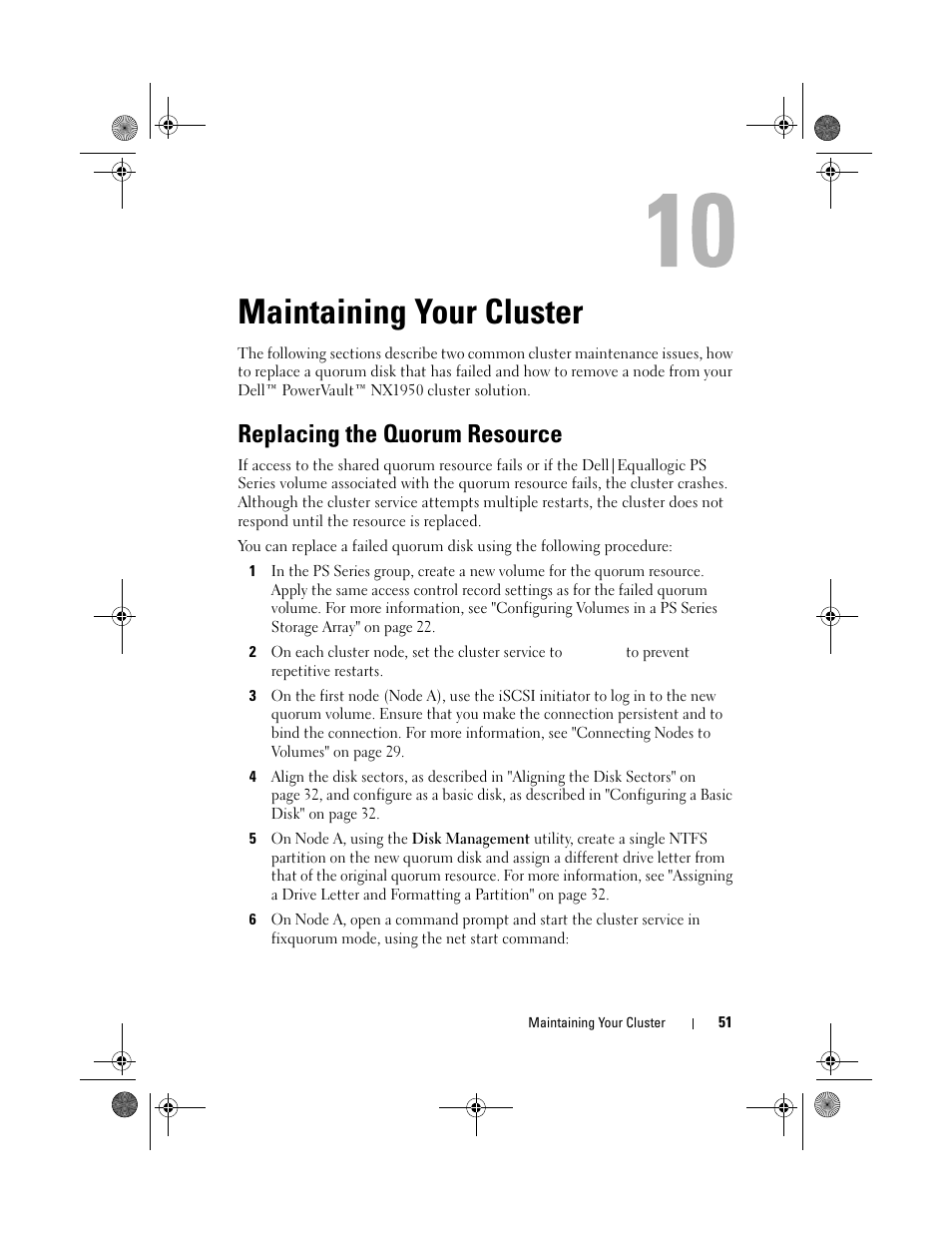 Maintaining your cluster, Replacing the quorum resource | Dell PowerVault NX1950 User Manual | Page 51 / 60