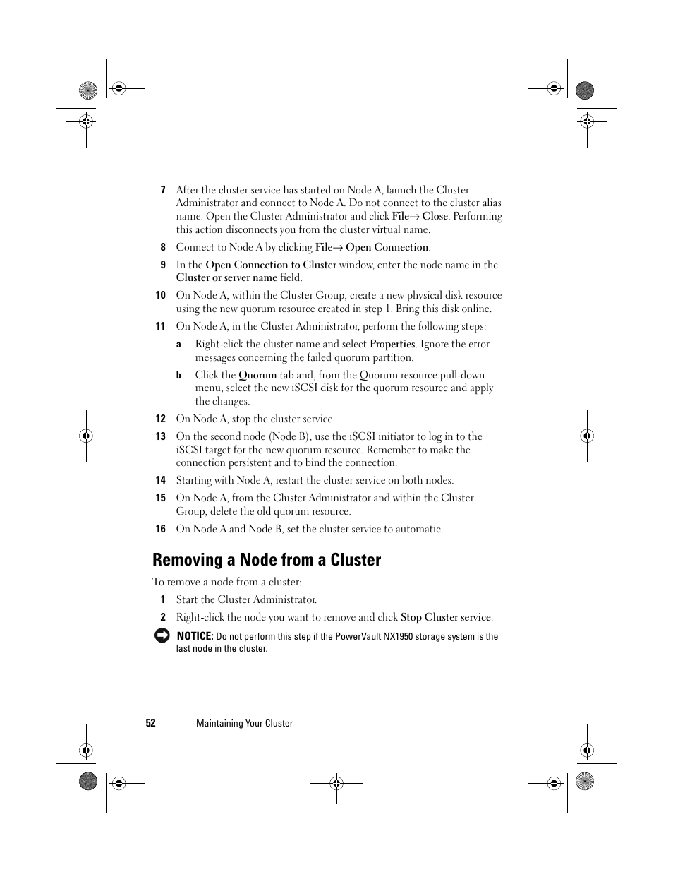 Removing a node from a cluster | Dell PowerVault NX1950 User Manual | Page 52 / 60