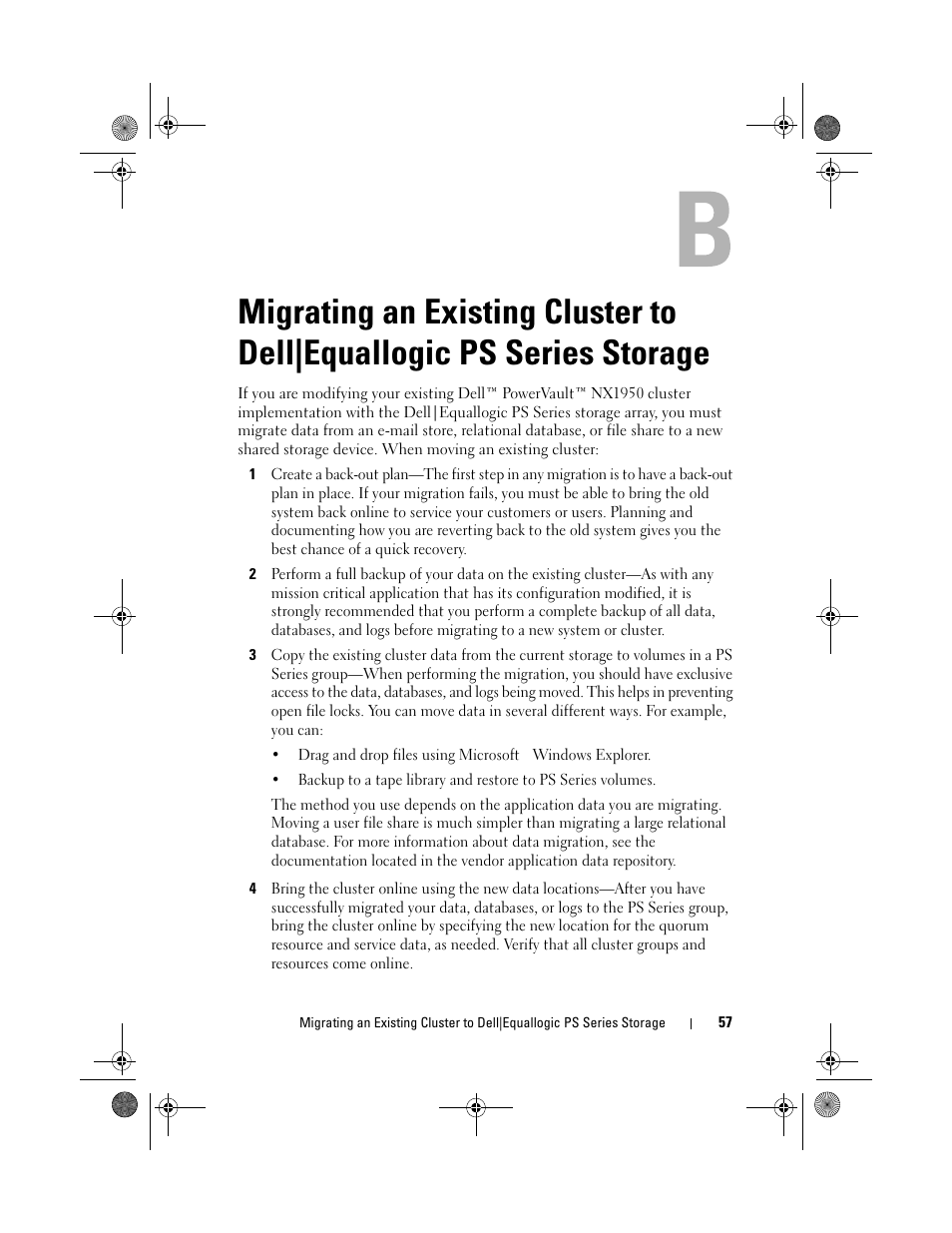 Migrating an existing cluster to, Dell|equallogic ps series storage | Dell PowerVault NX1950 User Manual | Page 57 / 60
