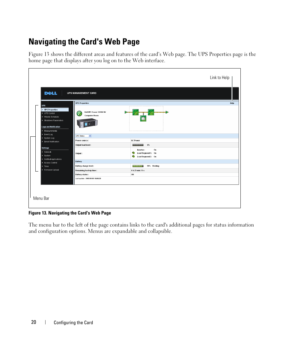 Navigating the card's web page | Dell UPS 3750R User Manual | Page 20 / 88