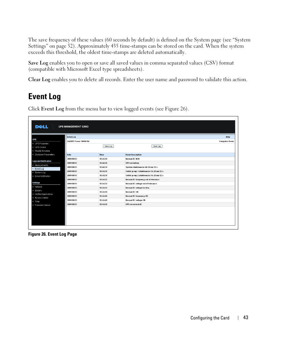 Event log | Dell UPS 3750R User Manual | Page 43 / 88