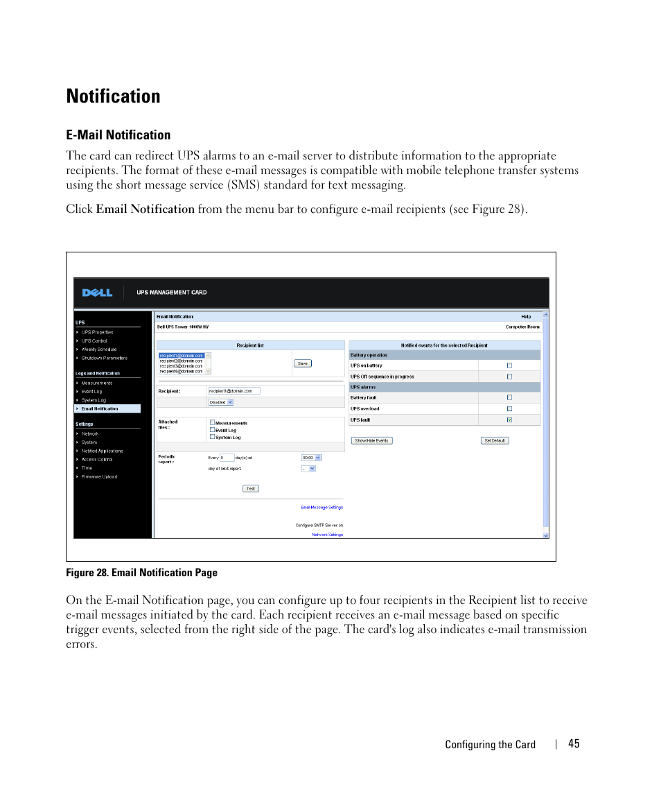 Notification, E-mail notification | Dell UPS 3750R User Manual | Page 45 / 88