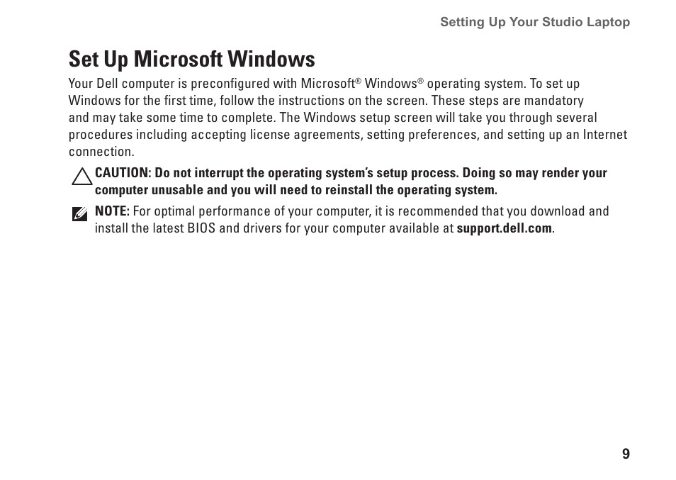 Set up microsoft windows | Dell Studio 1458 (Early 2010) User Manual | Page 11 / 94