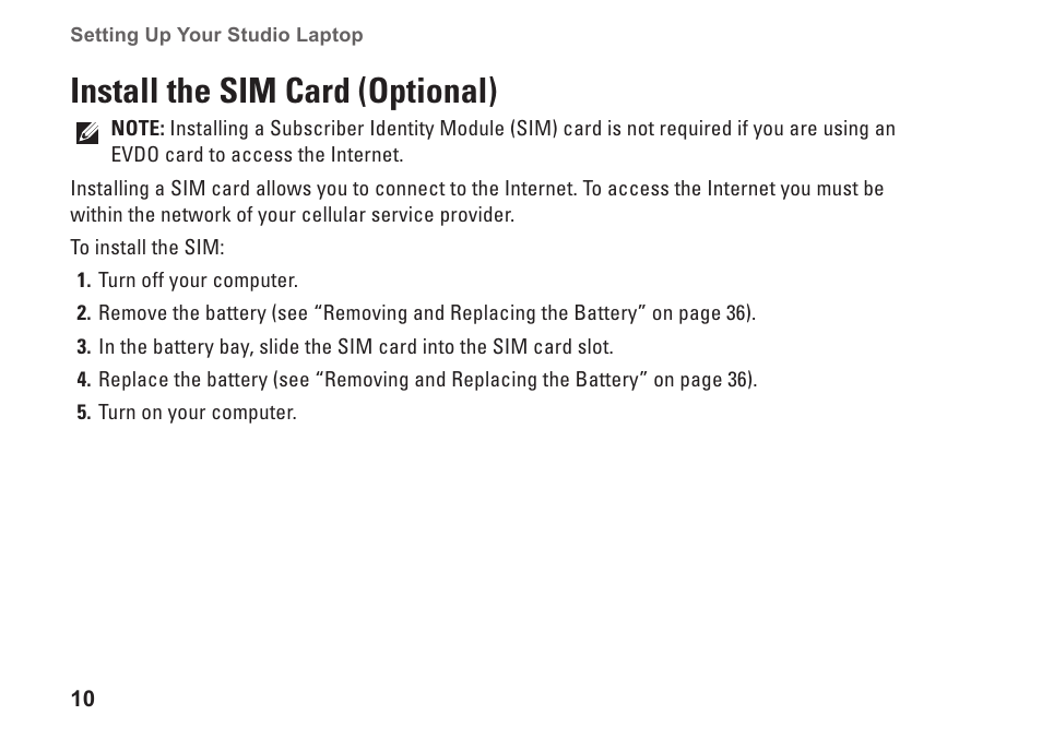 Install the sim card (optional) | Dell Studio 1458 (Early 2010) User Manual | Page 12 / 94