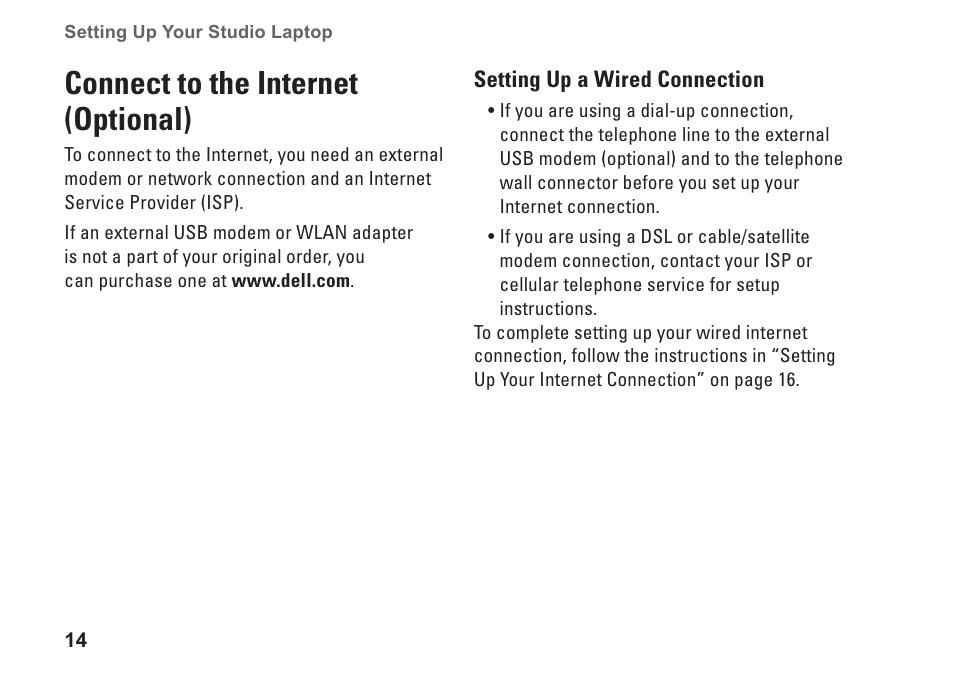Connect to the internet (optional) | Dell Studio 1458 (Early 2010) User Manual | Page 16 / 94