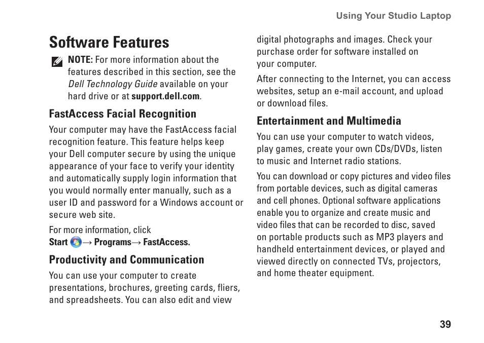Software features | Dell Studio 1458 (Early 2010) User Manual | Page 41 / 94