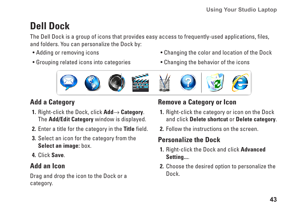 Dell dock | Dell Studio 1458 (Early 2010) User Manual | Page 45 / 94