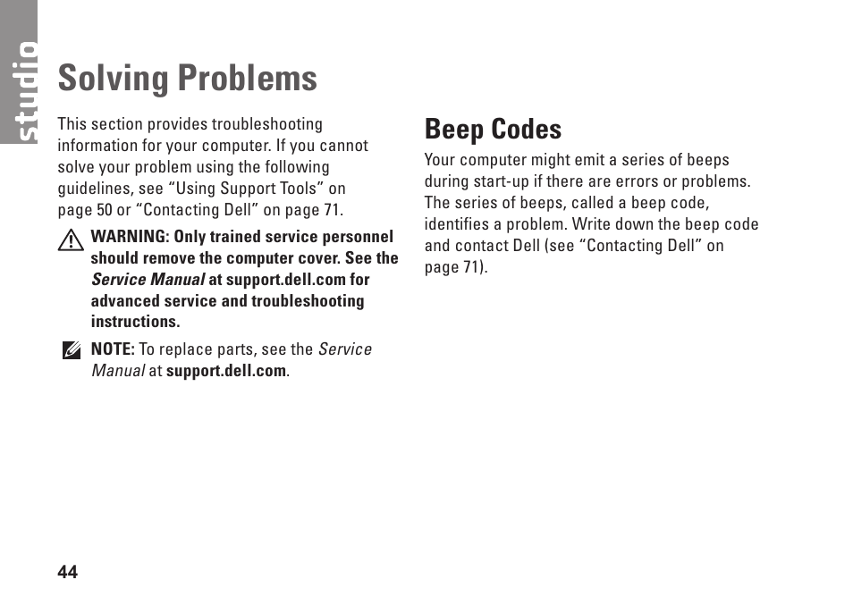 Solving problems, Beep codes | Dell Studio 1458 (Early 2010) User Manual | Page 46 / 94