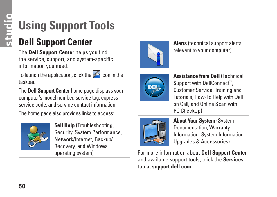 Using support tools, Dell support center | Dell Studio 1458 (Early 2010) User Manual | Page 52 / 94