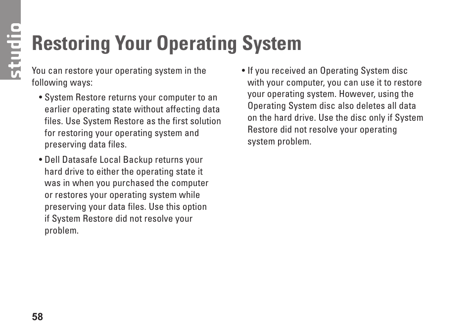 Restoring your operating system | Dell Studio 1458 (Early 2010) User Manual | Page 60 / 94