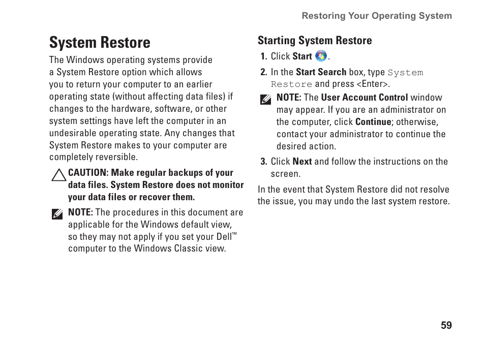 System restore | Dell Studio 1458 (Early 2010) User Manual | Page 61 / 94