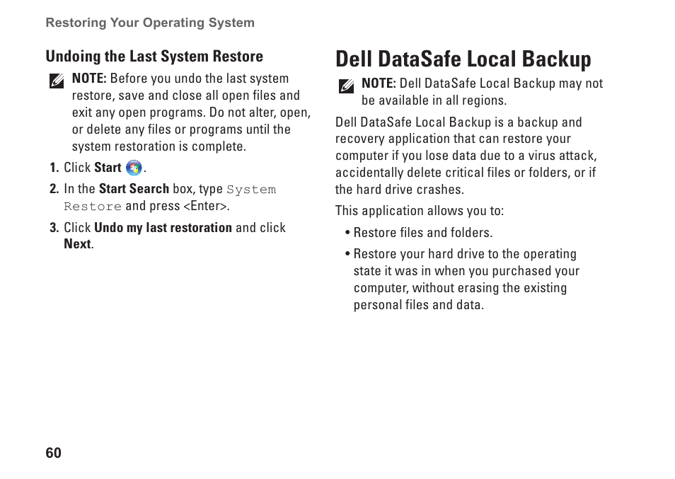 Dell datasafe local backup | Dell Studio 1458 (Early 2010) User Manual | Page 62 / 94