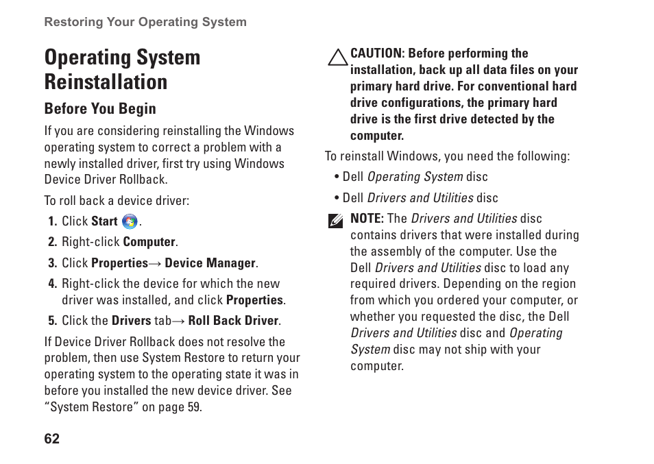Operating system reinstallation | Dell Studio 1458 (Early 2010) User Manual | Page 64 / 94