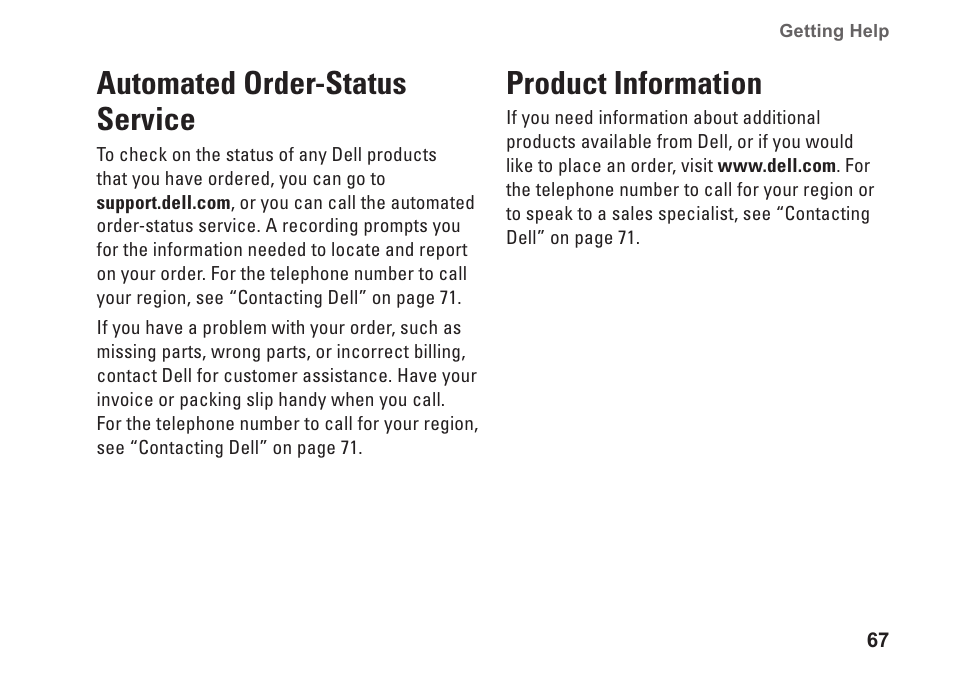 Automated order-status service, Product information, Automated order-status service product information | Dell Studio 1458 (Early 2010) User Manual | Page 69 / 94