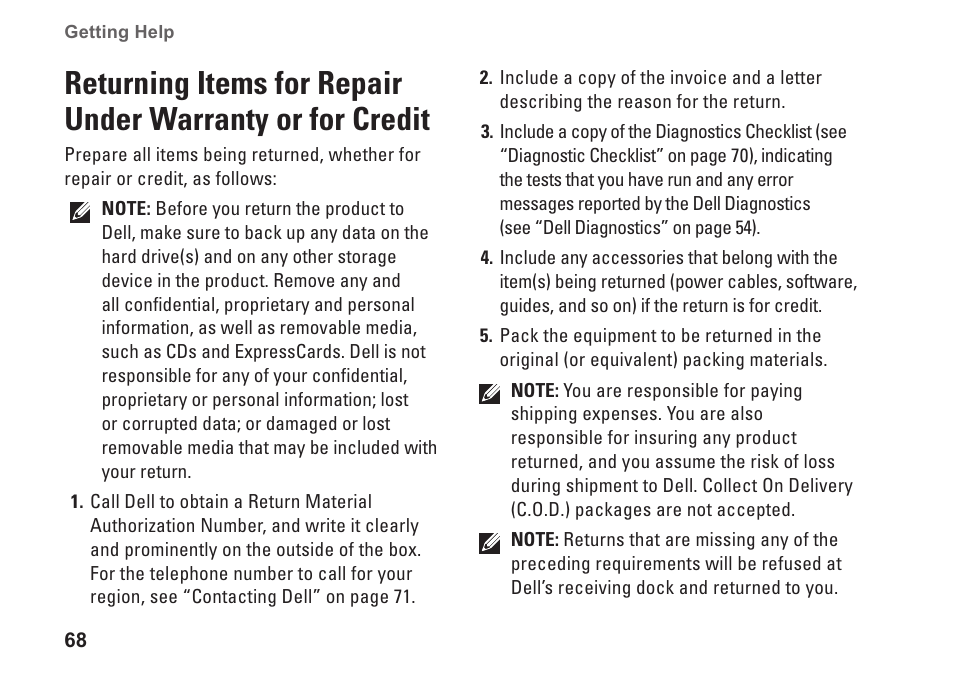 Returning items for repair under, Warranty or for credit | Dell Studio 1458 (Early 2010) User Manual | Page 70 / 94
