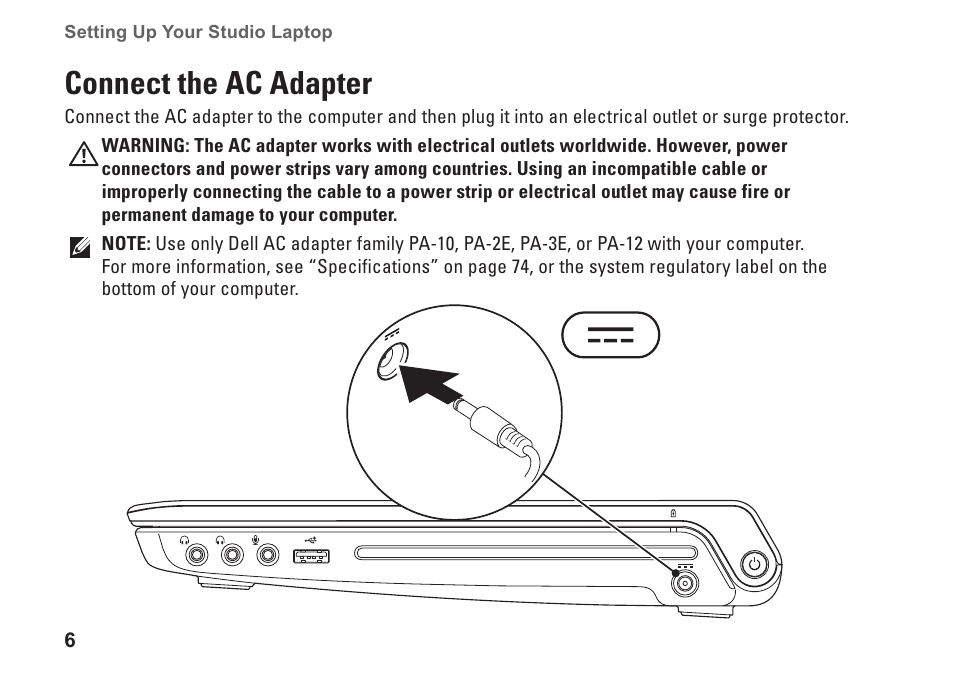 Connect the ac adapter | Dell Studio 1458 (Early 2010) User Manual | Page 8 / 94