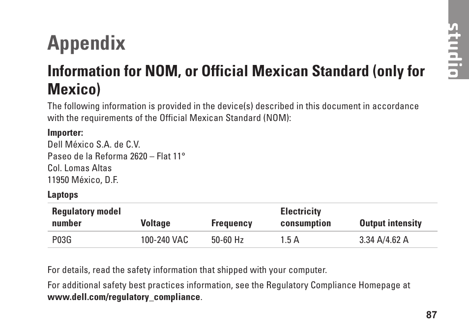 Appendix, Information for nom, or official mexican, Standard (only for mexico) | Dell Studio 1458 (Early 2010) User Manual | Page 89 / 94