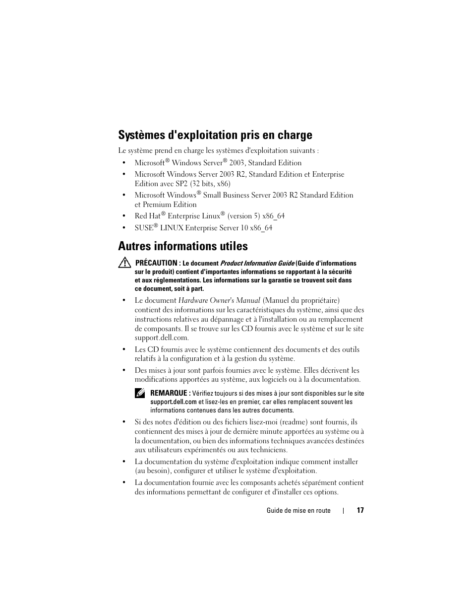 Systèmes d'exploitation pris en charge, Autres informations utiles | Dell PowerEdge T105 User Manual | Page 19 / 50