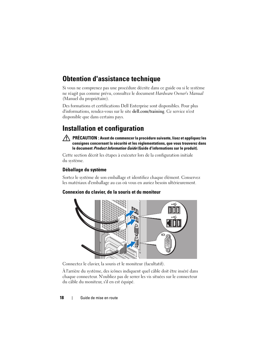 Obtention d'assistance technique, Installation et configuration, Déballage du système | Connexion du clavier, de la souris et du moniteur | Dell PowerEdge T105 User Manual | Page 20 / 50