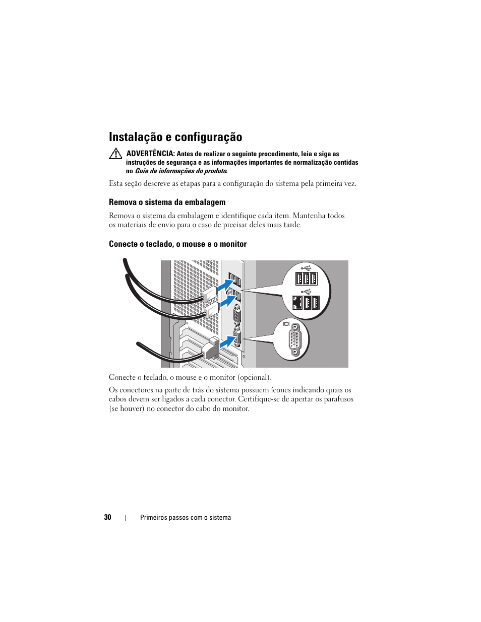 Instalação e configuração, Remova o sistema da embalagem, Conecte o teclado, o mouse e o monitor | Dell PowerEdge T105 User Manual | Page 32 / 50