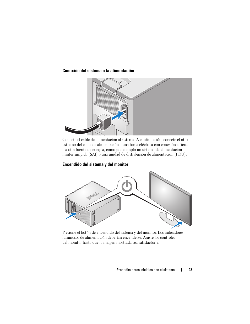 Conexión del sistema a la alimentación, Encendido del sistema y del monitor | Dell PowerEdge T105 User Manual | Page 45 / 50