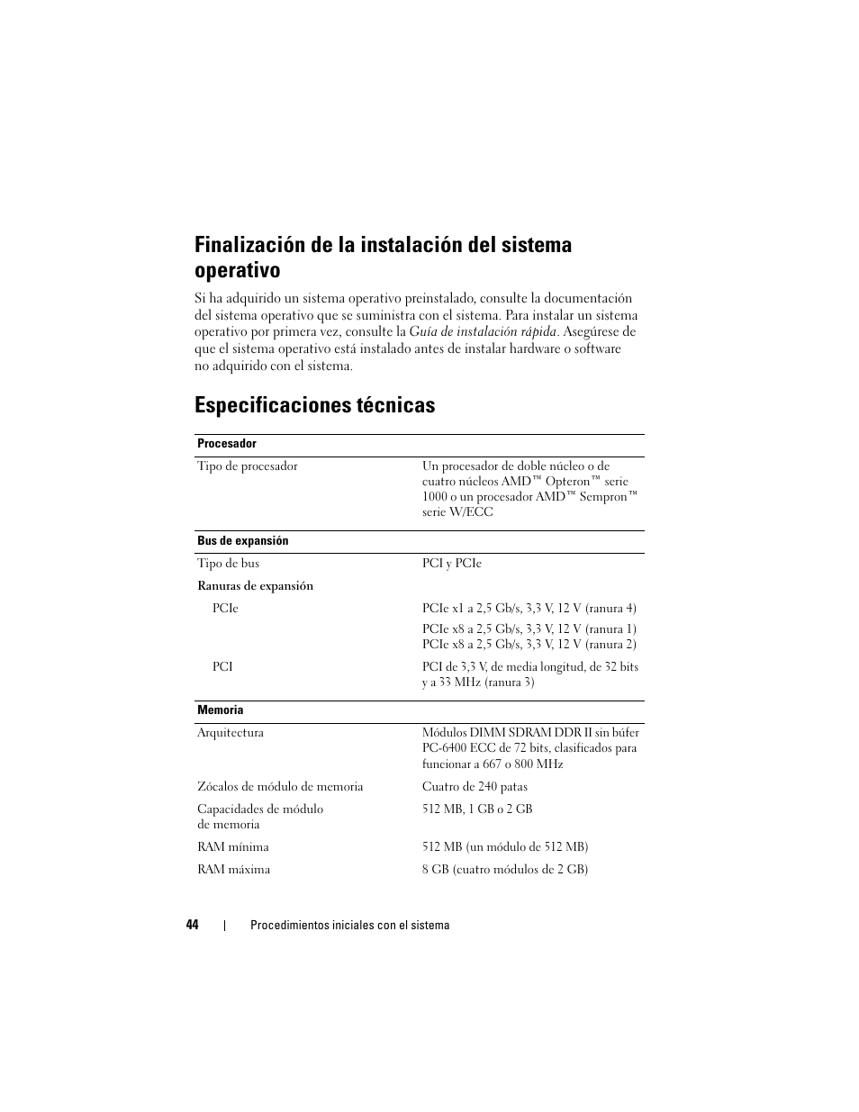 Especificaciones técnicas | Dell PowerEdge T105 User Manual | Page 46 / 50