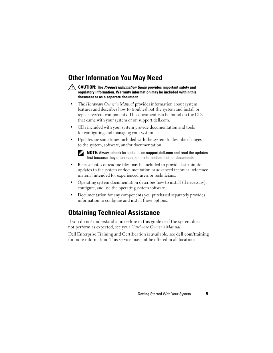 Other information you may need, Obtaining technical assistance | Dell PowerEdge T105 User Manual | Page 7 / 50