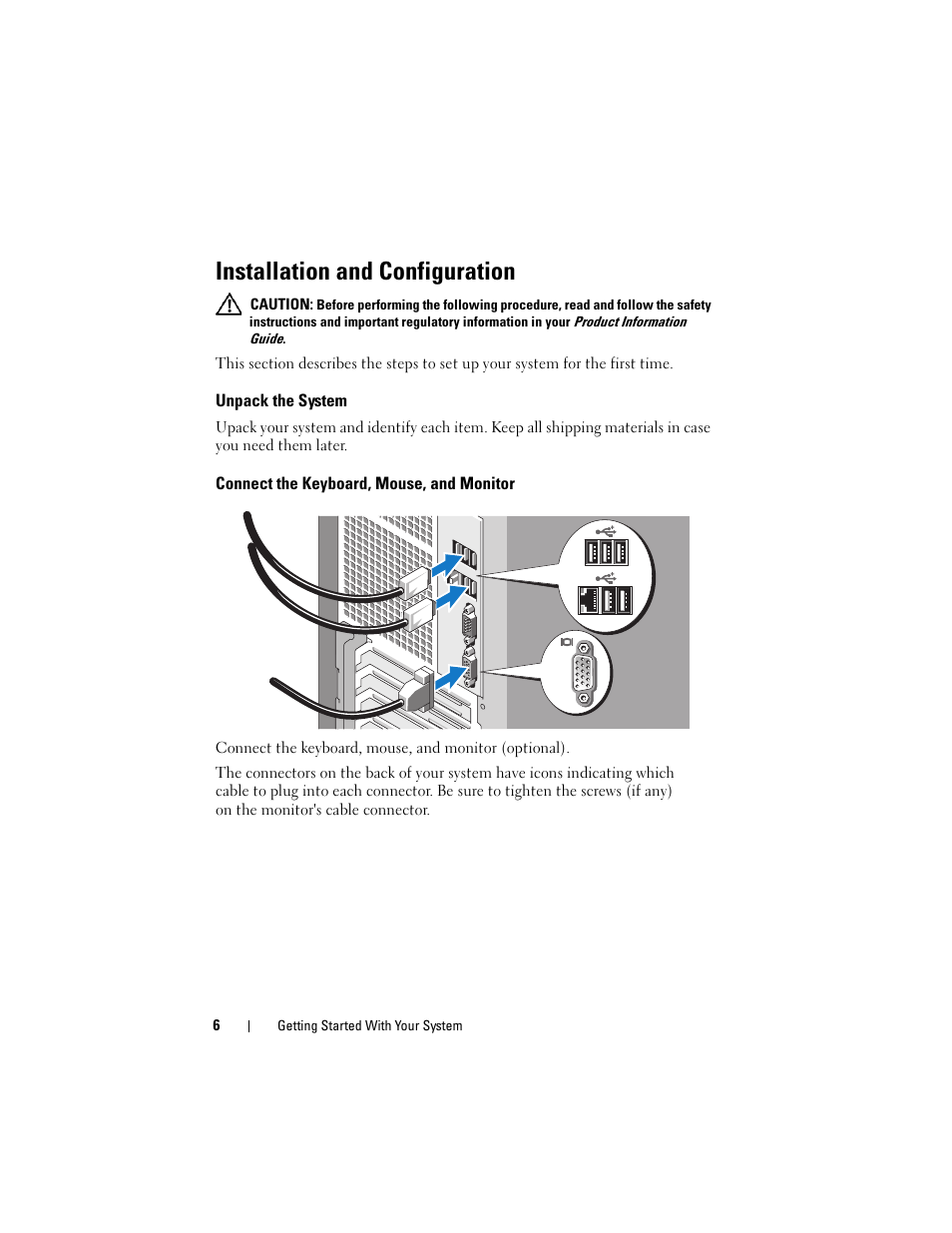 Installation and configuration, Unpack the system, Connect the keyboard, mouse, and monitor | Dell PowerEdge T105 User Manual | Page 8 / 50