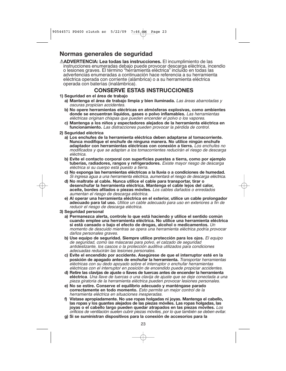 Normas generales de seguridad, Conserve estas instrucciones | Black & Decker 90544571 User Manual | Page 23 / 32